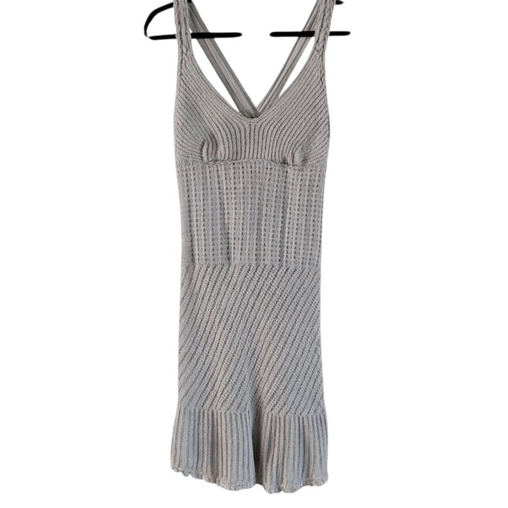 Athleta M Light Gray Crochet Knit Dress Crisscross Back Flounce‎ Hem